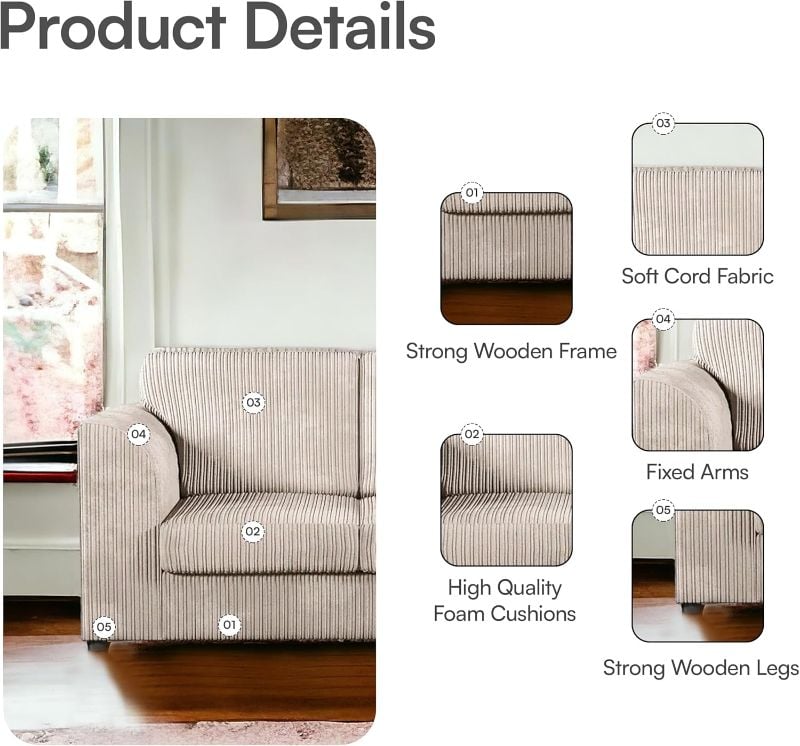 Dylan Jumbo cord Full Back Corner sofa (Cream, Right Hand Corner)