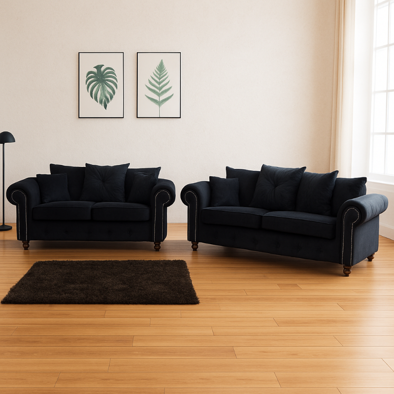 Plush Velvet Ashwin 3+2 Seater Sofa Set Black