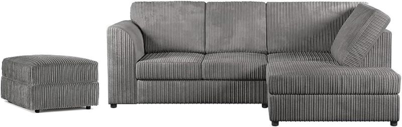 Grey & Black Jumbo Cord 4 Seater Corner Sofa – High Back L Shape | Right Hand UK