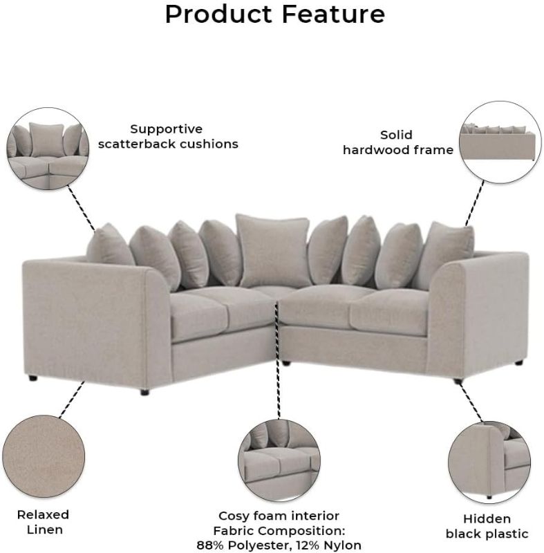 Cream Corner Sofa – Modern 5 Seater Linen Scatter Back L-Shape Couch
