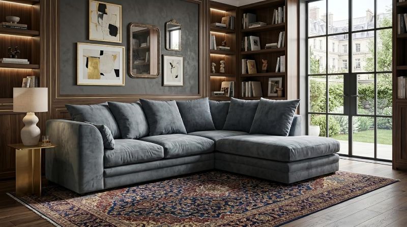 Grey & Beige L-Shape Corner Sofa | 4 Seater Modular 2pc Suite | Casper Fabric Curved Arm Settee (Right Hand)