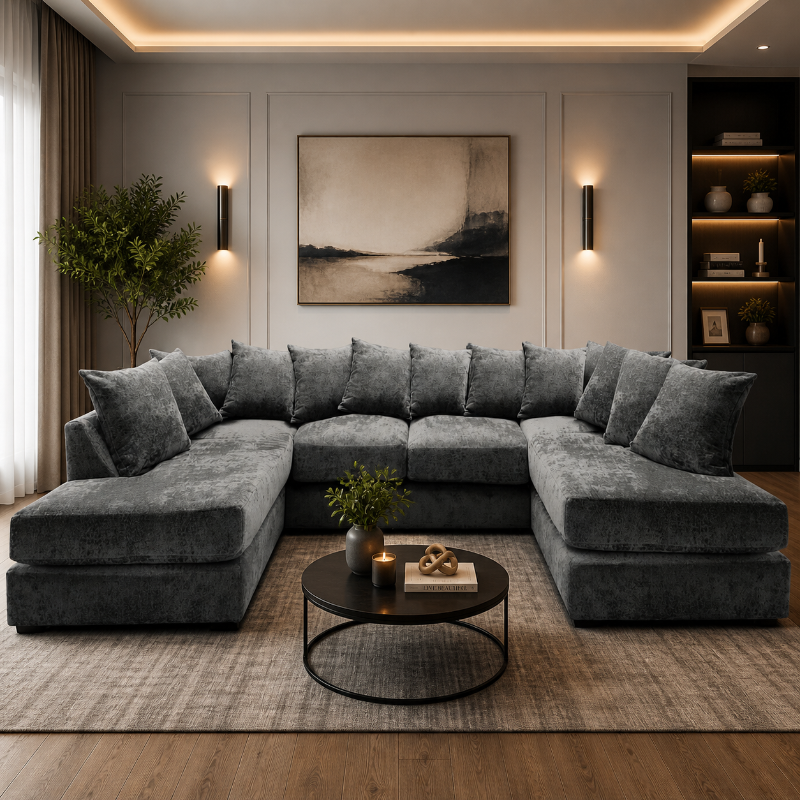 Luxury U-Shaped Chenille Sofa 6 Seater Grey Modular Corner Sofa