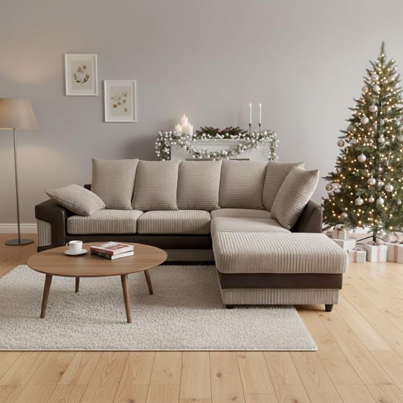 Brown & Beige Jumbo Cord L-Shape 4 Seater Corner Sofa – RH Scatter Back Sofa with Removable Footstool – Living Room Suite
