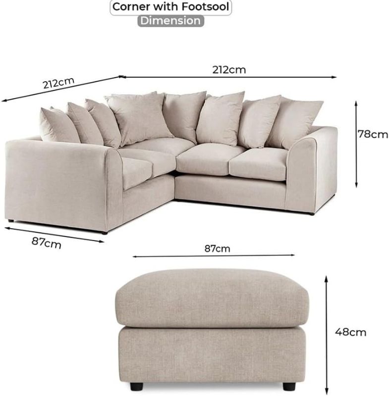 Cream 2C2 Corner Sofa | Modular 5 Seater L-Shape Cloud Couch | Dual Arm Scatter Back Set with Footstool for Living Room