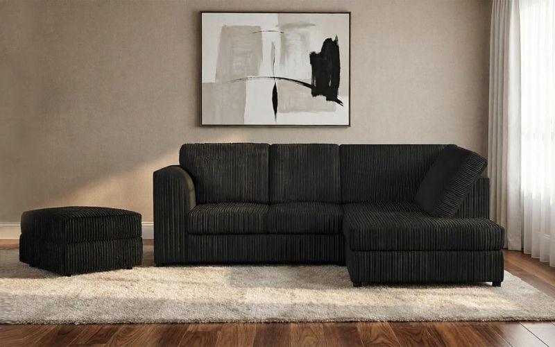 Grey & Black Jumbo Cord 4 Seater Corner Sofa – High Back L Shape | Right Hand UK