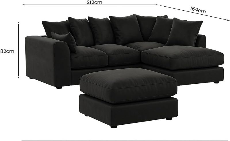 Black Velvet Corner Sofa – 4 Seater L-Shape with Footstool (Right Hand)