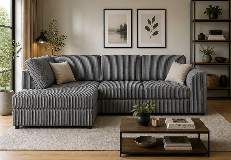 Grey Jumbo Cord Corner Sofa – 4 Seater L-Shape High Back Couch (Left Hand)