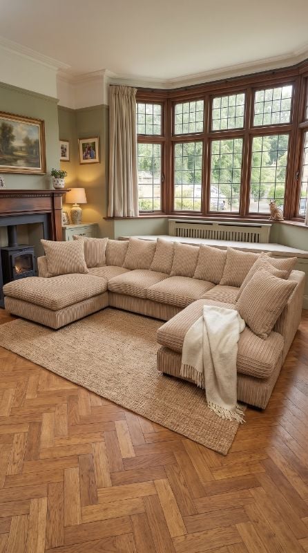 Bishop Jumbo Cord U-Shape Beige Scatter Back Sofa – Large Corner Sofa UK