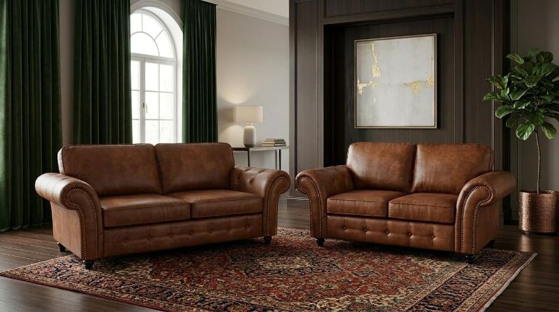 Brown Leather Chesterfield 3+2 Seater Sofa Set – Luxury Classic Living Room
