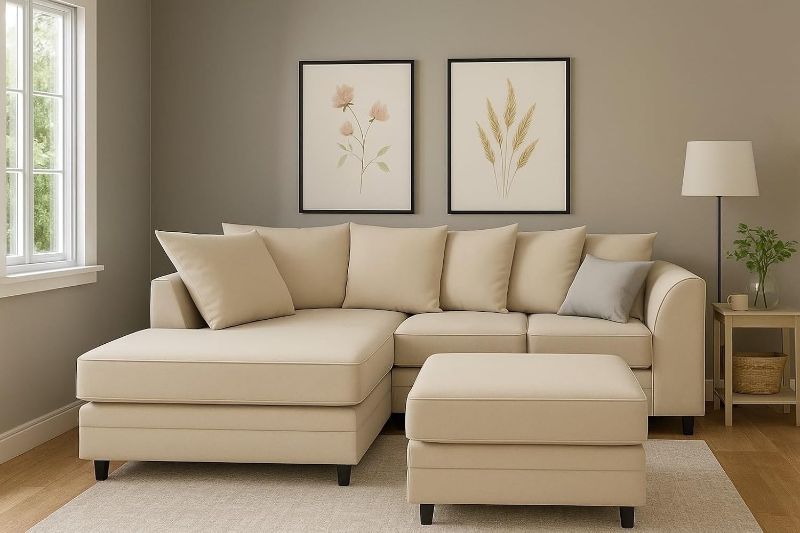 Cream Corner Sofa with Footstool | 4 Seater L-Shape Sectional | Plush Velvet Left/Right Hand Settee for Living Room
