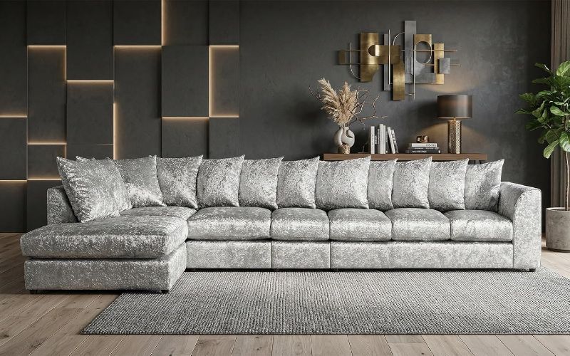 Crushed Velvet 7 Seater Corner Sofa (Silver, LH facing)