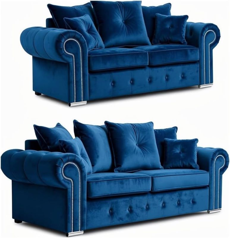Soft Blue Plush Velvet 3+2 Seated Fabric Sofas Suite