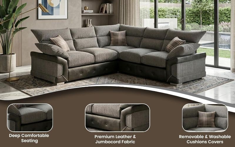 Logan Corner Sofa | 2C2 Leather & Fabric | Jumbo Cord 5 Seater | High Back Curved Arm Modern Settee for Living Room