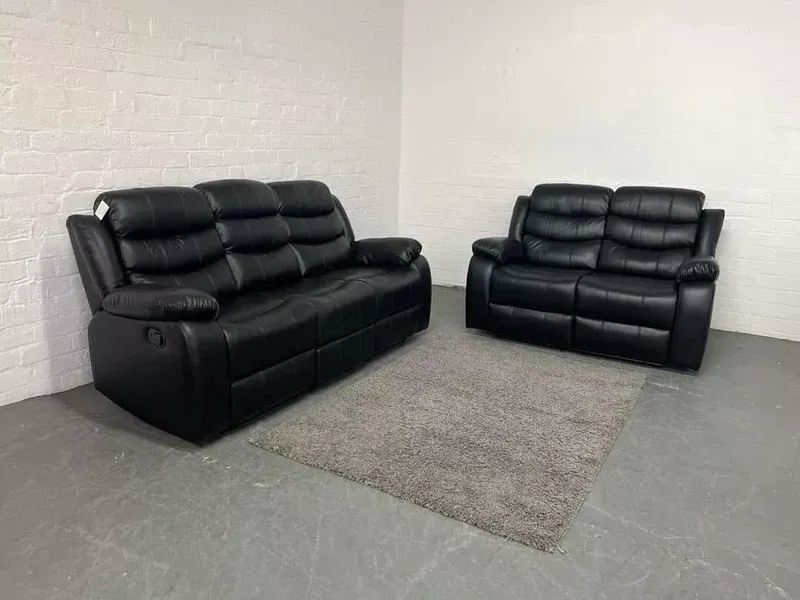 Roma Black Leather Recliner Sofa 3+2 Seater Set Couch With Cup Holders