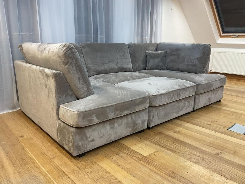 Grey U Shaped Sofa Set | Large Sectional Cinema Sofa | Plush Velvet 4pc High Back Sofabed with Footstool for Living Room