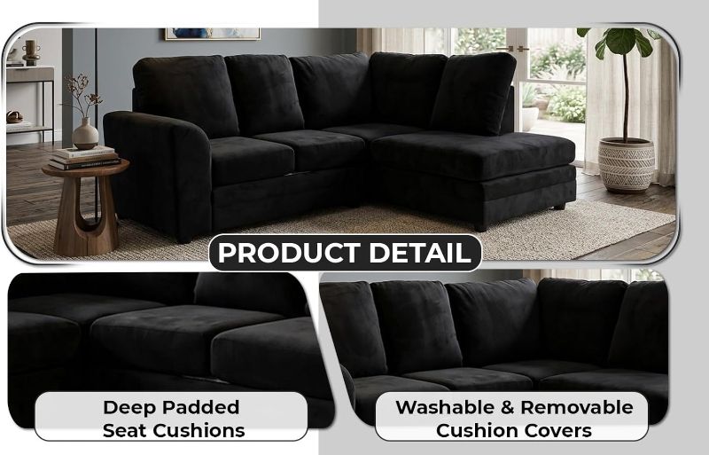 Luxury Black Velvet 4 Seater Corner Sofa – Right Hand L Shape Sectional Sofa | UK