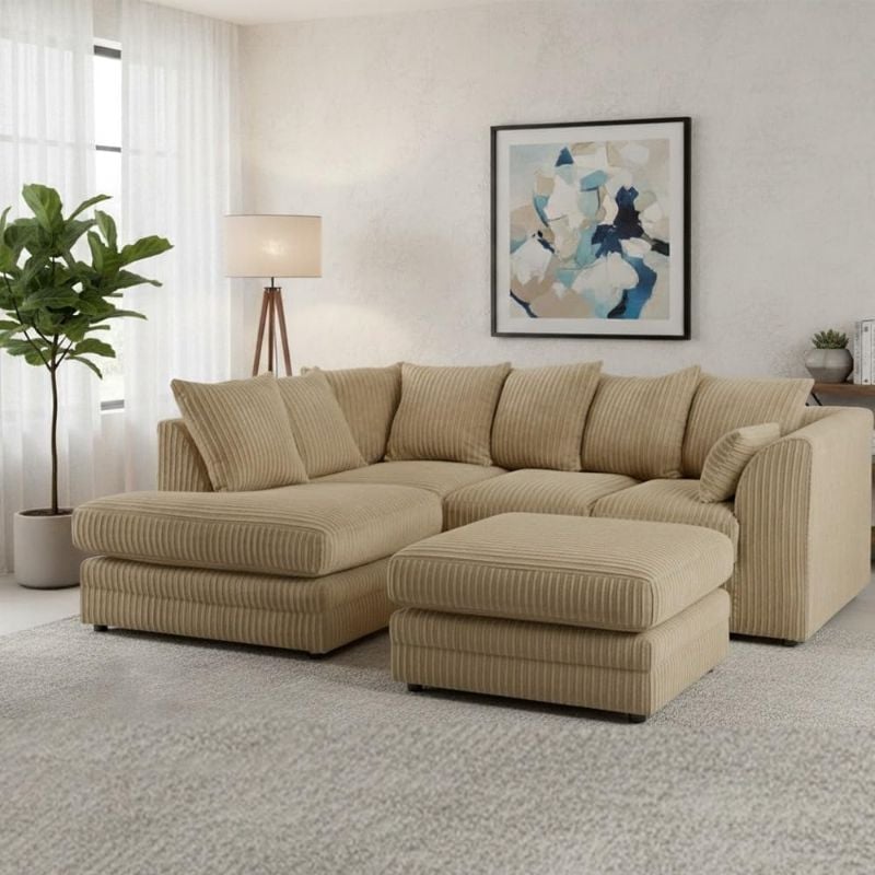 L-Shaped Jumbo Cord Corner Sofa Set with Footstool – 4 Seater Comfy Upholstered Sofa Suite – RH Facing & LH Facing