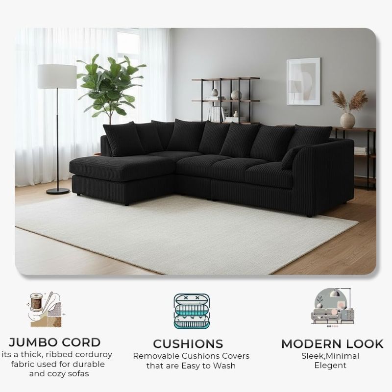 Scatter Back Cushions | Deep Foam Seats for Living Room (Black, Left Hand Corner)