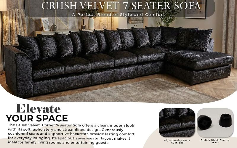 Crushed Velvet 7 Seater Corner Sofa (Black, RH facing)