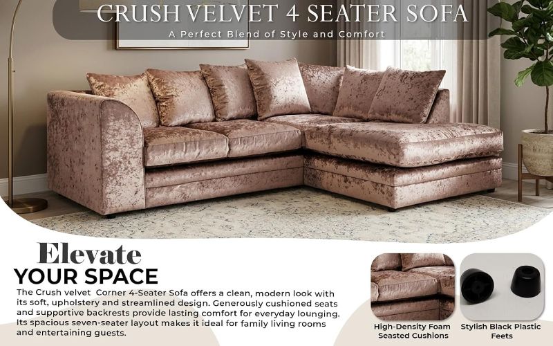 Crushed Velvet Corner Sofa | RH 3–4 Seater L-Shape | Luxury Crystal Velvet Scatter Back Sofa for Living Room (Mink)