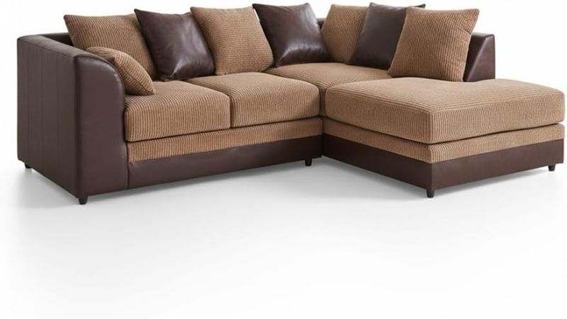 L-Shape Jumbo Cord 4 Seater Corner Sofa – LH/RH Facing Faux Leather Brown & Beige Scatter Back Couch for Living Room & TV Lounge