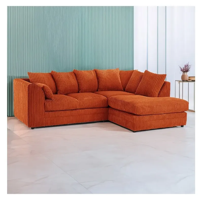 L Shape Jumbo Cord 4 Seater Orange Corner Sofa - Right Side