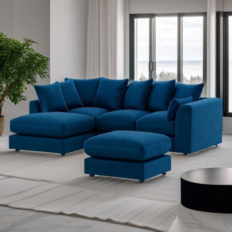 Blue Velvet Corner Sofa – 4 Seater L-Shape with Footstool, Curved Arm (Left Hand)