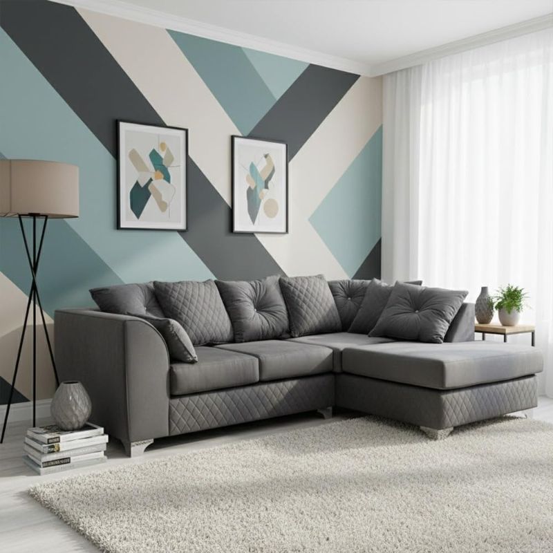 Grey Plush Velvet L-Shape Corner Sofa – 3–4 Seater – RH/LH Facing – Scatter Back Cushions – Chrome Feet (Grey)