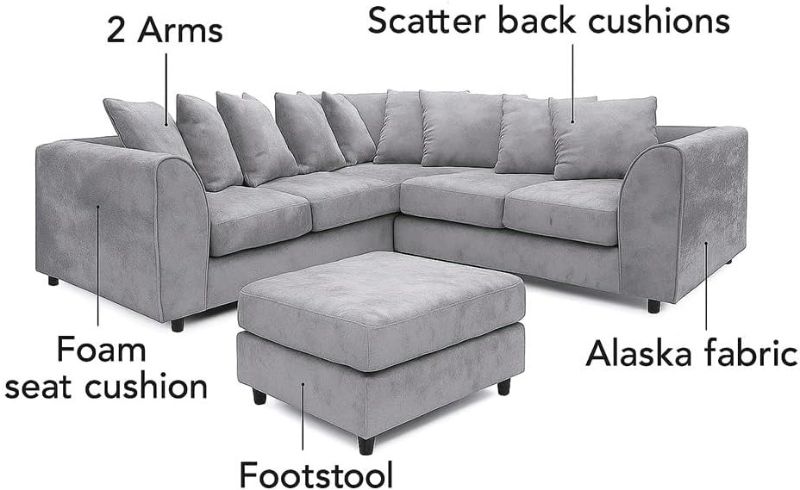 Alaska Light Grey 2C2 Corner Sofa – 5 Seater with Footstool | Modular Fabric Scatter Back Sectional | Dual Arm Living Room Sofa Suite