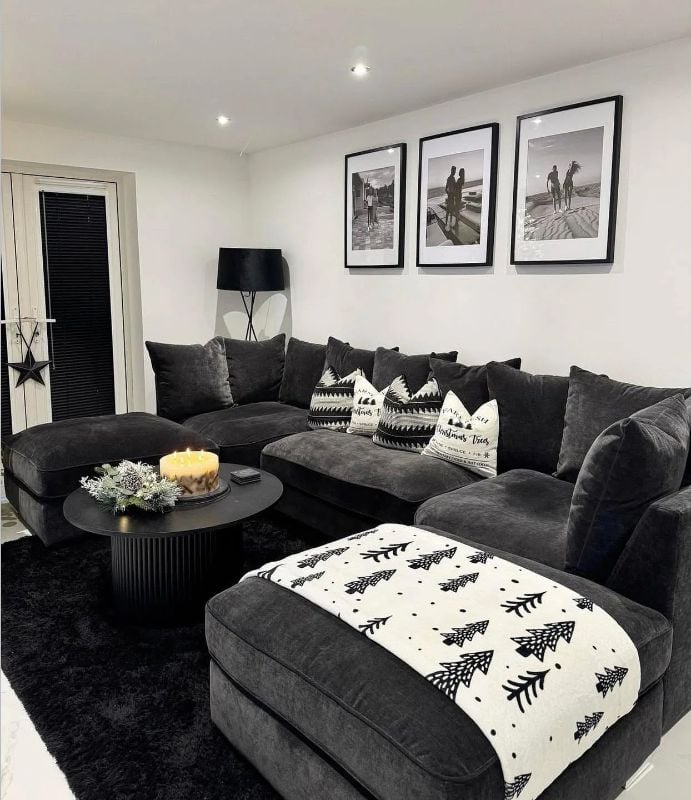 Black U Shape Scatter Back Corner Sofa – Large Luxury Fabric Suite with Deep Seating