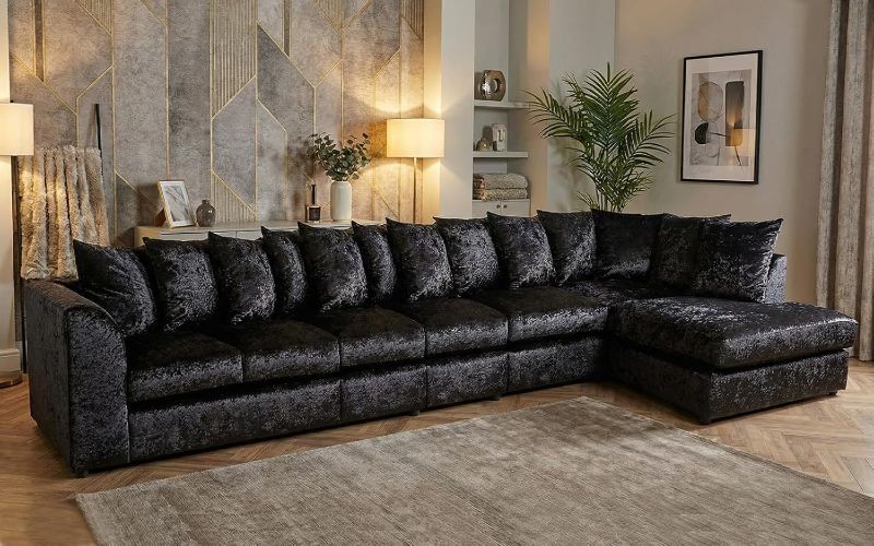 Crushed Velvet 7 Seater Corner Sofa (Black, RH facing)
