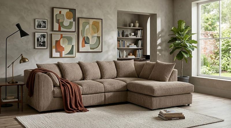 Upholstered L Shaped Scatter Back Seated Couch for Living Room (Mink, 5 Seater, RHC)