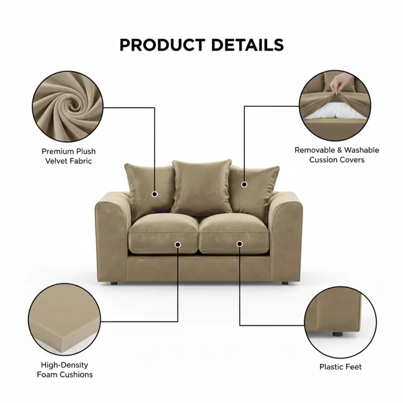 2 Seater Velvet Sofa (Beige)