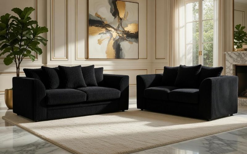 Jumbo Cord 3+2 Seater Sofa Set – L-Shape Scatter Back Modular Sofa – LH Facing Living Room Couch (Black)