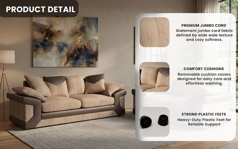 Brown & Beige 3+2 Seater Sofa Set – Modular Jumbo Cord Corner Suite – Scatter Back Living Room & TV Lounge Sofas