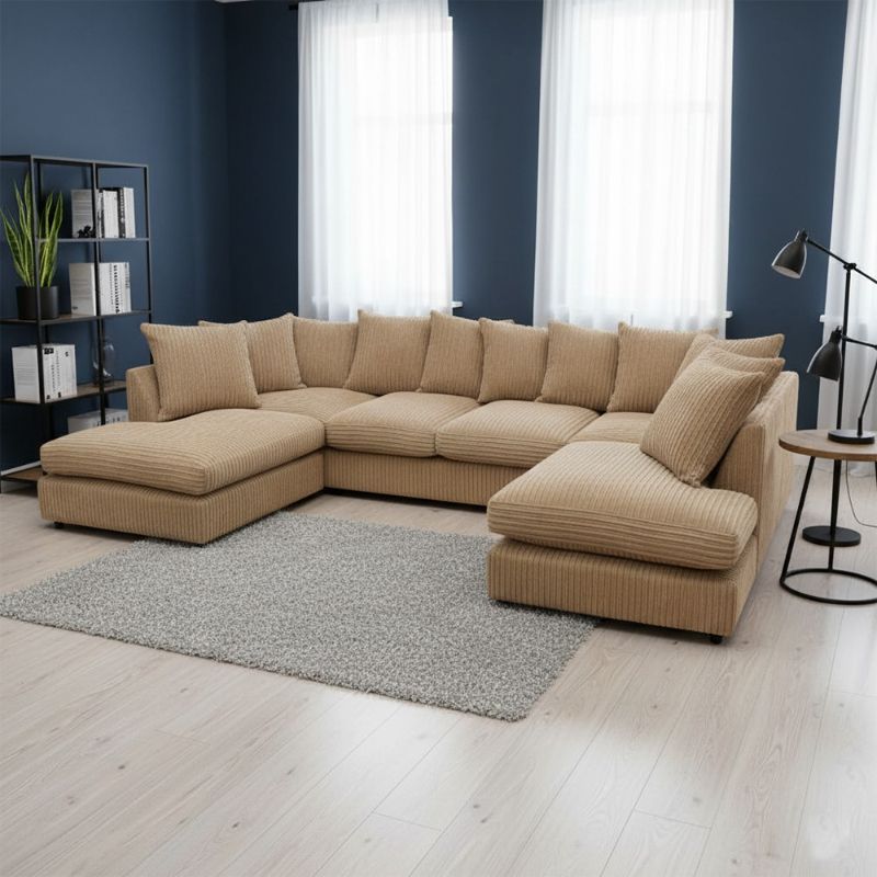 Jumbo Cord U Shape Beige Scatterback Sofa