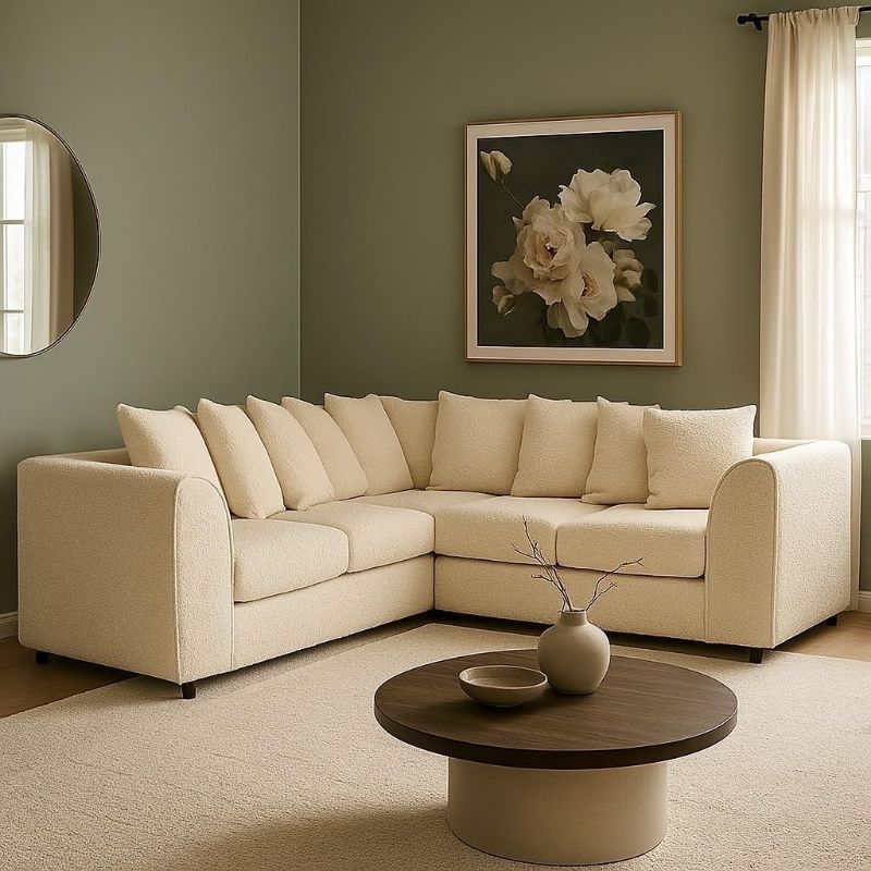 Bouclé Corner Sofa – Cream | 5 Seater 2C2 Modular Sectional | Dual Arm Scatter Back Teddy Fabric Couch | Curved Arm Living Room Sofa