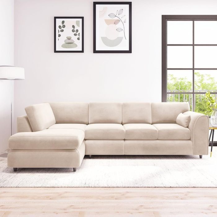 Delano Plush Velvet 5 Seater L-Shaped Corner Sofa – Cream | Left Hand Facing