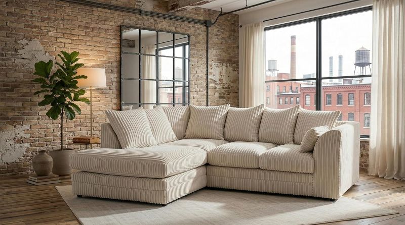 Jumbo Cord Chaise Sofa Left Hand With Scatter Back