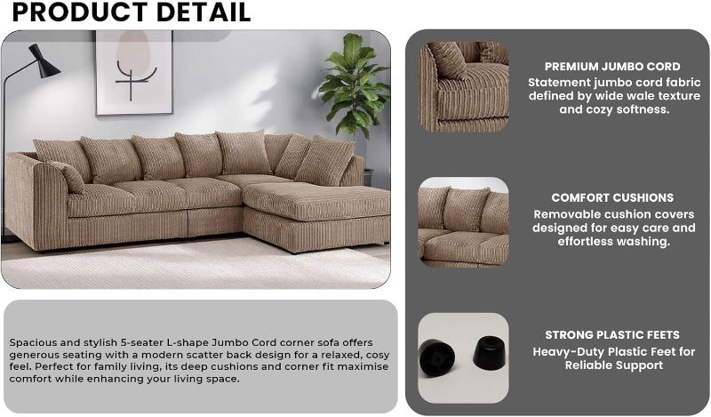 Upholstered L Shaped Scatter Back Seated Couch for Living Room (Mink, 5 Seater, RHC)