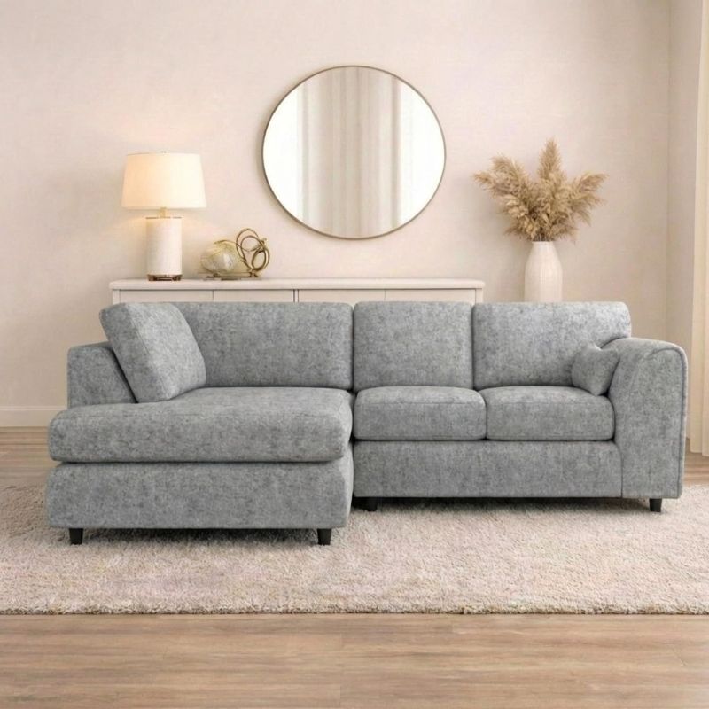 Left Hand Facing Corner Sofa – Light Grey Alaska Fabric | Full Back Firm Seating | Wooden Frame & Padded Armrests