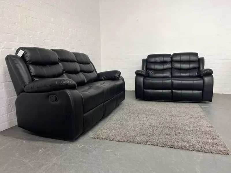 Roma Black Leather Recliner Sofa 3+2 Seater Set Couch With Cup Holders