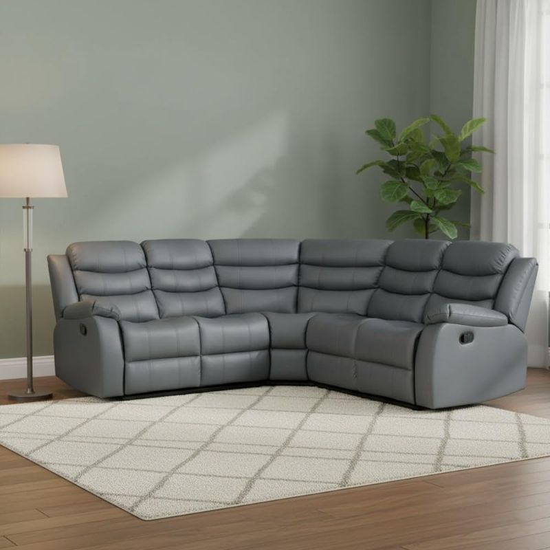 Roma Grey Recliner Sofa Set 3+2 Seater – Faux Leather Reclining Sofa with Cup Holders