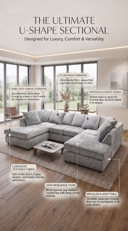 Bishop Luxury Chenille U Shape Sofa – Large Corner Sofa 5 Seater UK
