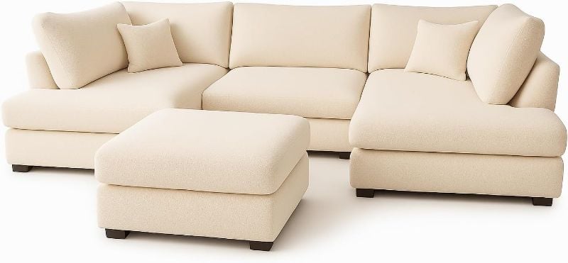 Bouclé Cinema Modular Corner Sofa – Cream | U-Shape 6 Seater Sectional | High Back Comfy Lounge Settee