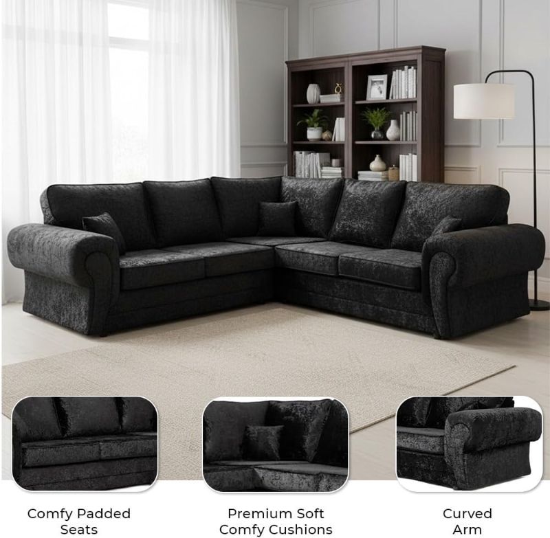 🛋️ Grey Plush Velvet 5 Seater 2C2 Corner Sofa with Footstool