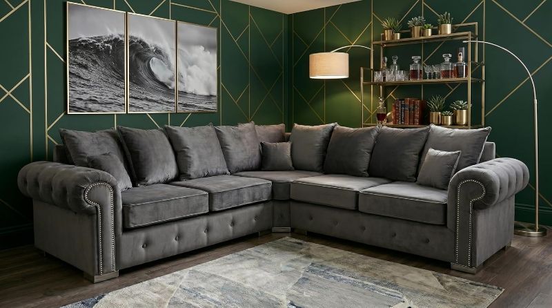 Grey Chesterfield Corner Sofa Set | Ashwin 5 Seater 2C2 | Soft Plush Velvet Sectional Couch | Button Tufted Scatter Back Sofa for Living Room (Grey)