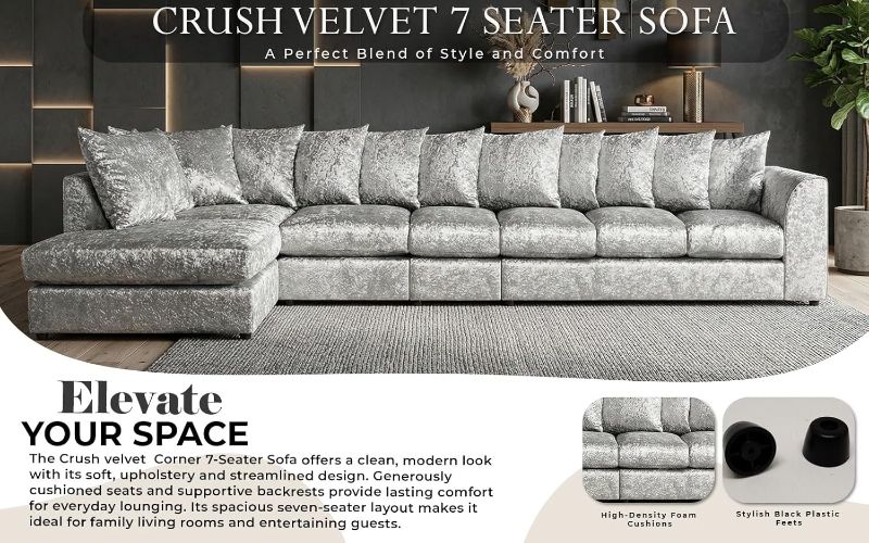 Crushed Velvet 7 Seater Corner Sofa (Silver, LH facing)