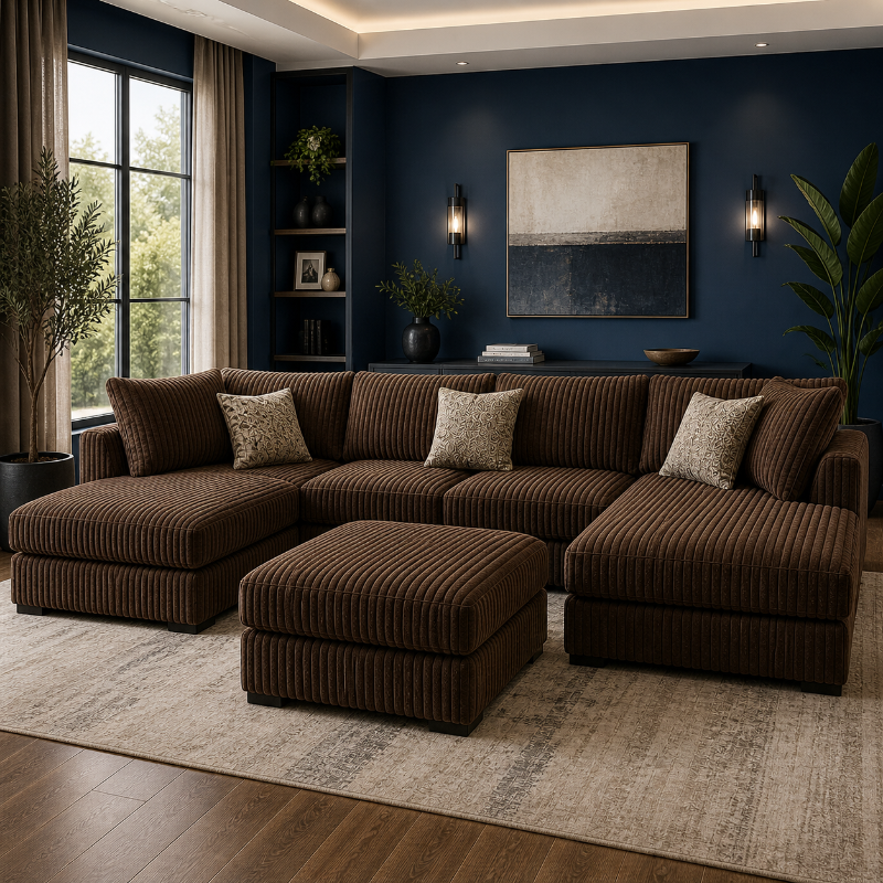 ✨ Jumbo Cord U-Shaped Sofa – Grey Full Back ✨