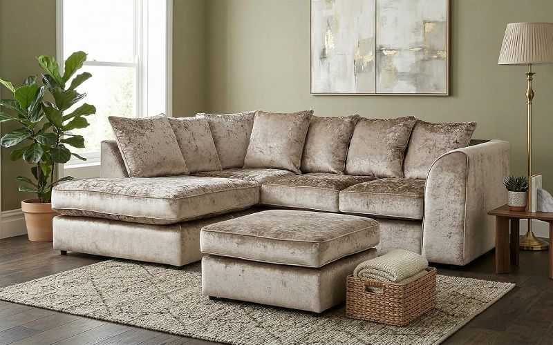 Mink Crushed Velvet L-Shape Corner Sofa with Footstool | 3–4 Seater | Memory Foam Cushions | Left or Right Hand Facing Modern Sectional Sofa